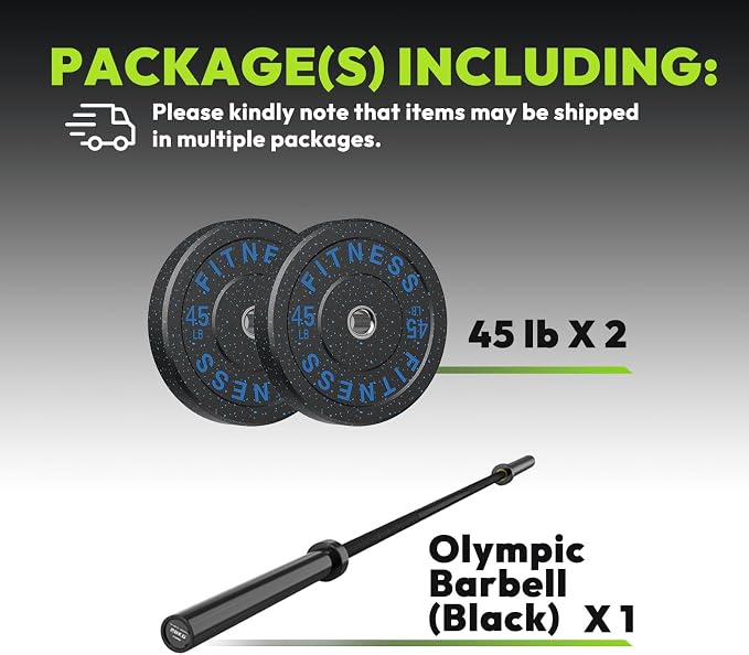 HANDBODE Olympic Barbell Set, 2-Inch Bumper Plates with Weight Plate Rack | Colored Crumb Rubber Weight Plates for Weight Lifting & Strength Training, 90–530 lb Set with 45 LB (20 kg) Olympic Barbell