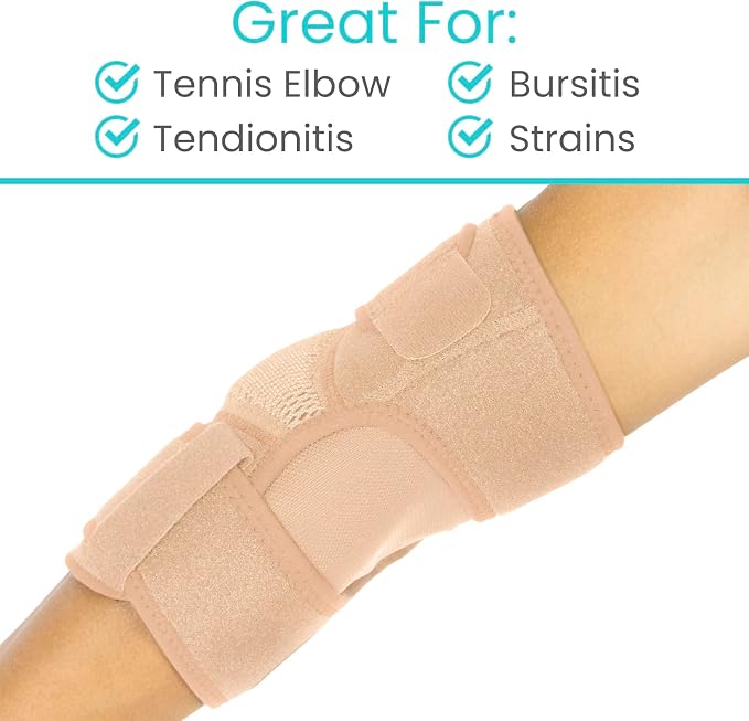 Vive Elbow Brace - Tennis Compression Sleeve - Wrap for Golfers, Bursitis | Left or Right Arm - Tendonitis Support Strap for Golf, Men and Women - Epicondylitis and Sports Recovery (Beige, Standard)