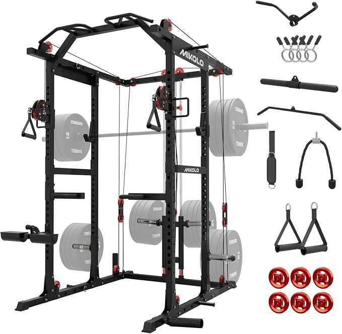Mikolo K6 2.0 Power Cage, Power Rack with Cable Crossover System, 2000LBS Squat Rack with LAT Pull Down System, Functional Trainer with Aluminum Pulley System for Home Gym