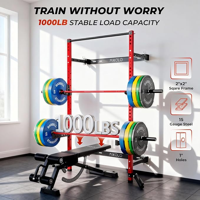 Mikolo 2" x 2" Folding Wall Mounted Squat Rack, 1000 Pounds Capacity Power Rack with Pull Up Bar, J Hooks and Other Attachments, Space-Saving Home Gym