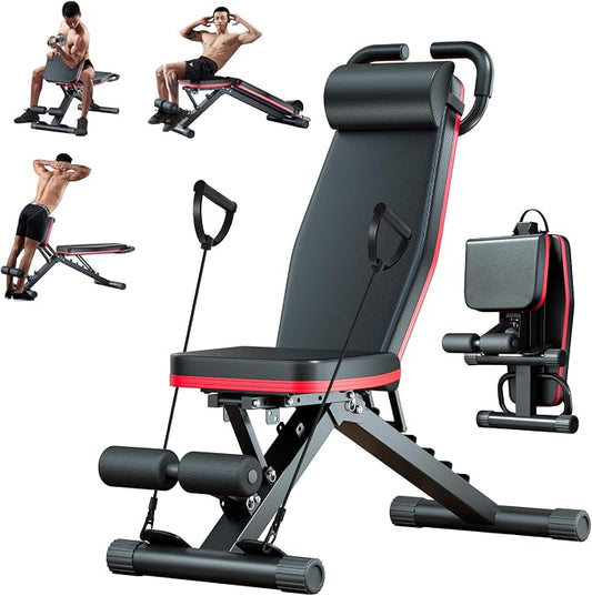 ALSO GO Adjustable Weight Bench, Workout Benches with Leg Extension, Foldable Incline Decline Bench Press, Roman Chair, Full Body Strength Training Equipment for Home Gym
