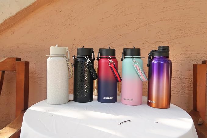 KXIAOCHEN Insulated Water Bottle with Strap, 48-Hour Cold, 2 Lids | Triple-wall insulation, lead-free 18/8 Stainless steel, paracord handle, carabiner clip, for gym, hiking, camping and travel
