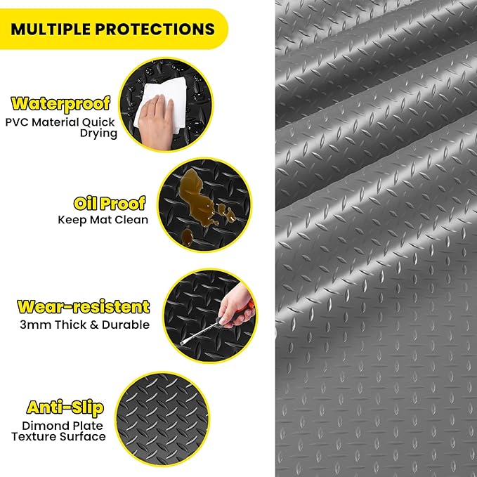 4x10 FT Garage Floor Mat, 2.8mm Thickened (Gray) | Diamond Plate PVC Rubber Flooring Roll Covering Non-Slip Floor Protector for Under Car Parking/Garage/Warehouse/Gyms/Trailer