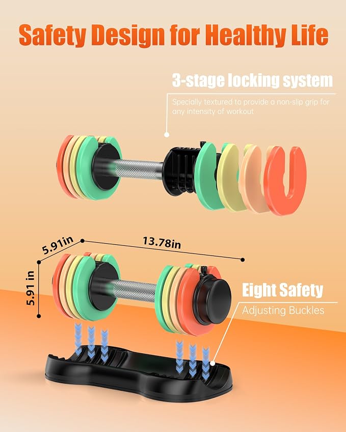 5-IN-1 Adjustable Dumbbell Set, Pair 12.5LB/22.5LB Weight Set for Home Gym | rainbow-colored weight plates, anti-slip handle, suit both men and women, full body home workout