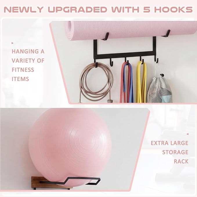 Yoga Mat and Ball Holder Wall Mount, 4-Tier Yoga Mat & Ball Storage Rack, Home Gym Organizer, Black Metal Floating Shelf for Hanging Foam Rollers & Resistance Bands(5 Hooks Style,Wood Color)