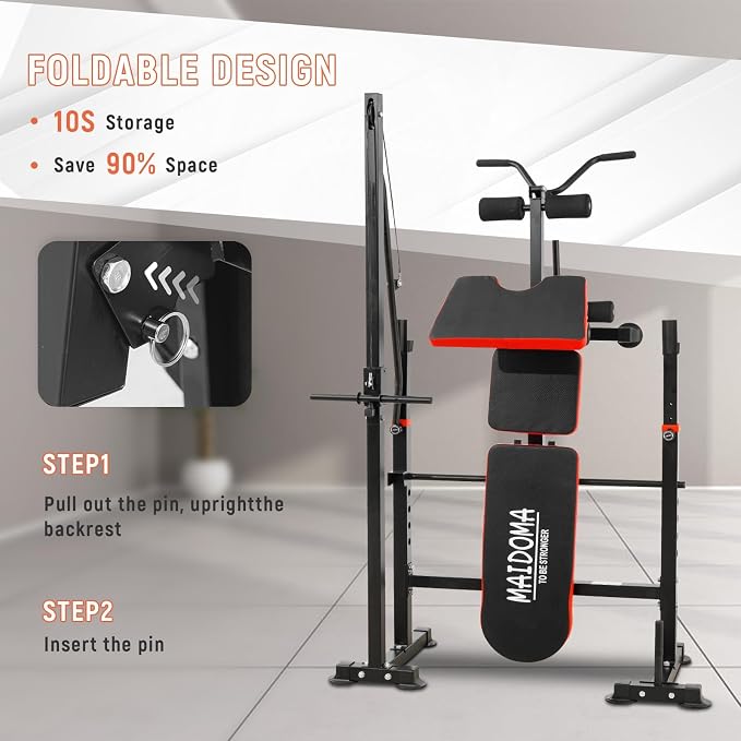 MAIDOMA 1500LBS Foldable 8 IN 1 Weight Bench with Upgraded Leg Extension | Adjustable Flat Incline Decline Bench Press Set with Wide Squat Rack for Full Body Home Gym Workout (US Stock)
