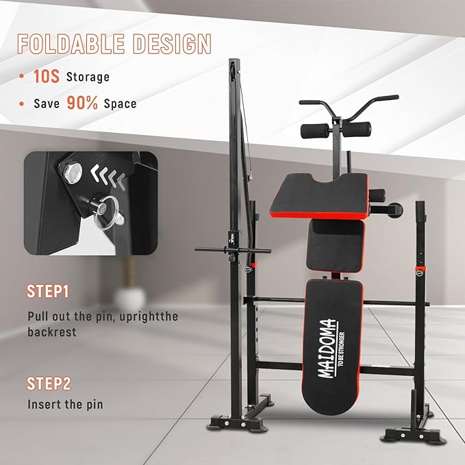 MAIDOMA 8 IN 1 Standard Weight Bench Set with Leg Extension and Leg Curl, Fast Folding & Adjustable Workout Bench for Home Gym,Adjustable Bench Press with Squat Rack.（US Stock）