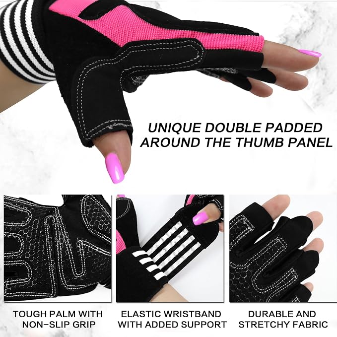 Weight Lifting Gloves for Women Gym Workout with Wrist Support,Padded Half Finger Gloves for Fitness Exercise