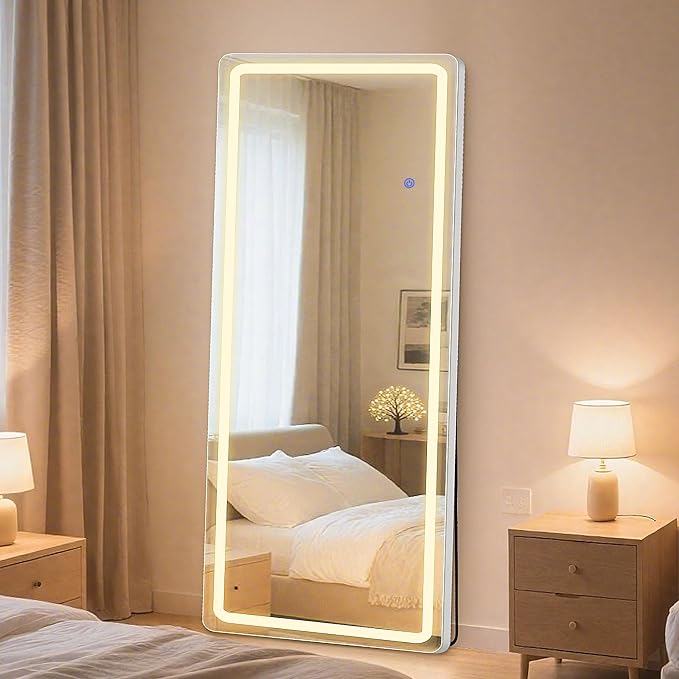 NEWBULIG 71"x26" LED Full Length Mirror, Full Body Standing Mirror, White | Leaning or Standing, Tempered Glass, Aluminum Alloy Thin Frame Floor Stand for Bedroom, Cloakroom