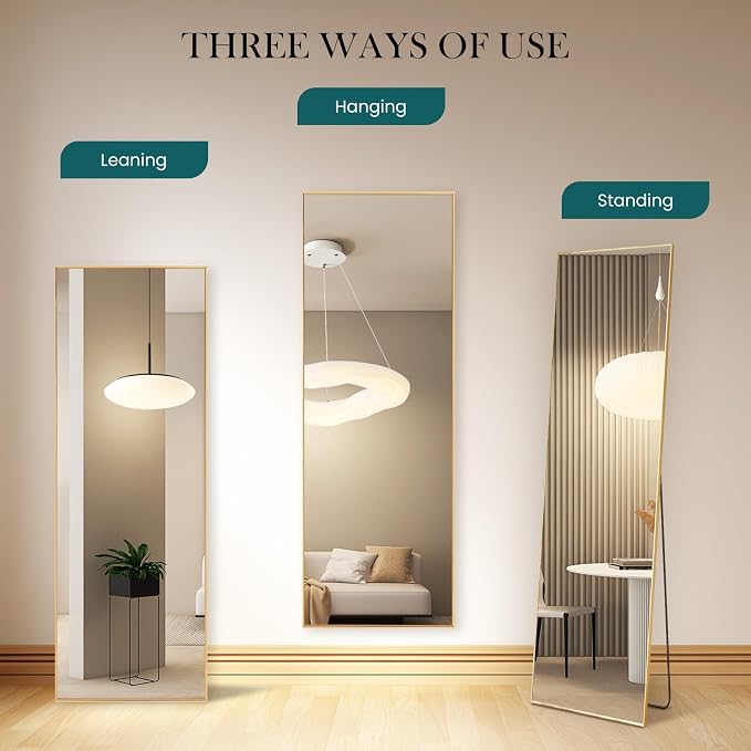DUMOS 59"x16" Full Length Mirror, Full Body Mirror, Gold | Aluminum Alloy Thin Frame, Leaning or Hanging, Suitable for Bedroom, Livingroom, Cloakroom