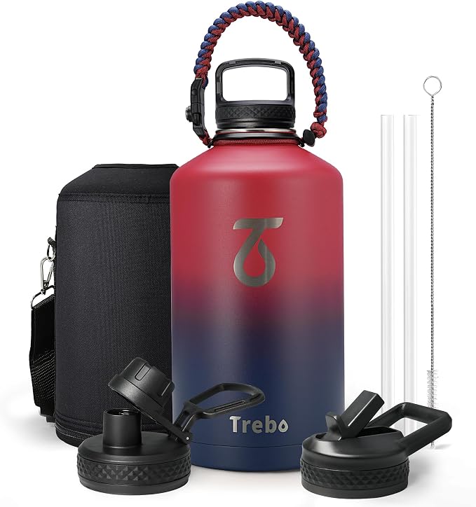 Trebo One Gallon Water Bottle Insulated with 3 Lids, Paracord Handle & Bag | 128 oz Large Stainless Steel Water Jug, Triple Wall Vacuum Copper Plated, Dishwasher Safe, Keeps Cold 48 Hrs for Hiking, Gym