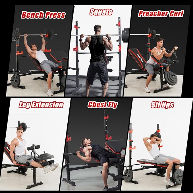 MAIDOMA Foldable Weight Bench with Rack - 8 IN 1 Bench Press Set, Leg Extension, Preacher Curl & Flat/Incline/Decline Full Body Olympic Workout Bench for Home Gym(42"IN WIDE GRIP)
