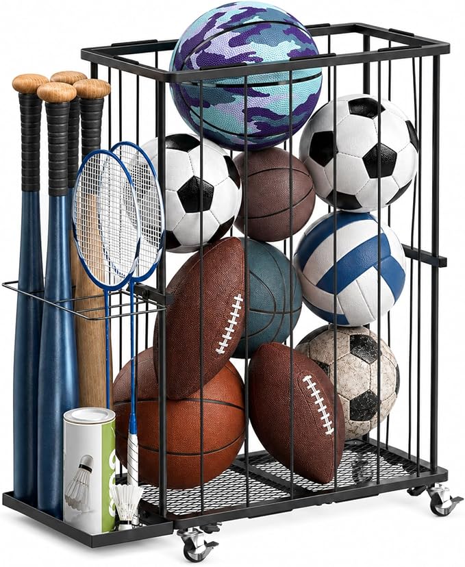 Garage Ball Storage Rack with Wheels, Metal Sports Ball Holder | Basketball Soccer Volleyball Holder with Adjustable Elastic Cords, Ball Organizer Space Saving Rack for Basement Gym Outdoor