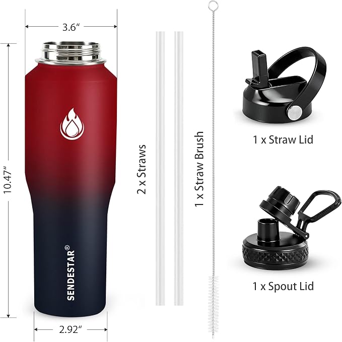 SENDESTAR 32oz Water Bottle Wide Mouth Stainless Steel Vacuum Insulated Double Wall with 2 Straw Lids Fit in Any Car Cup Holder