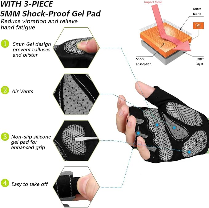 Cycling Gloves Bike Bicycle Gloves, Half Finger 5MM Gel Anti-Slip | Biking Gloves for Men Women Gym workout exercise Motorcycle Hiking Rowing Outdoor Sports