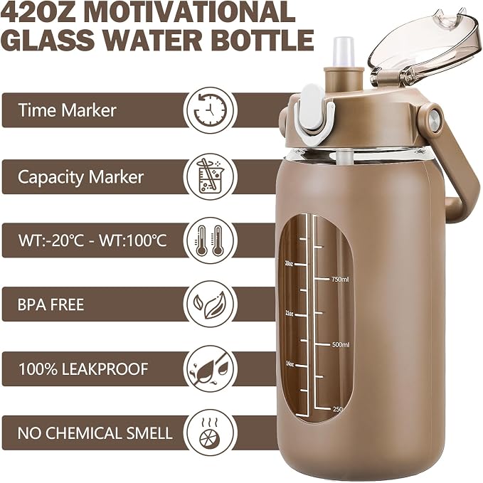 42oz Glass Water Bottles with Straw, Motivational Glass Bottle with Silicone Sleeve and Time Marker, Leakproof Large Glass Water Jug for Gym Home Office,Amber