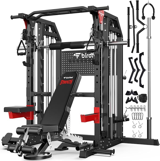 Multi-Function 2000LB Power Cage Smith Machine, Dual Pulley Cable Crossover | Home Gym Squat Rack Featuring LAT Pulldown, Power Rack with Olympic Bar & Strength Training Attachments, Pegboard