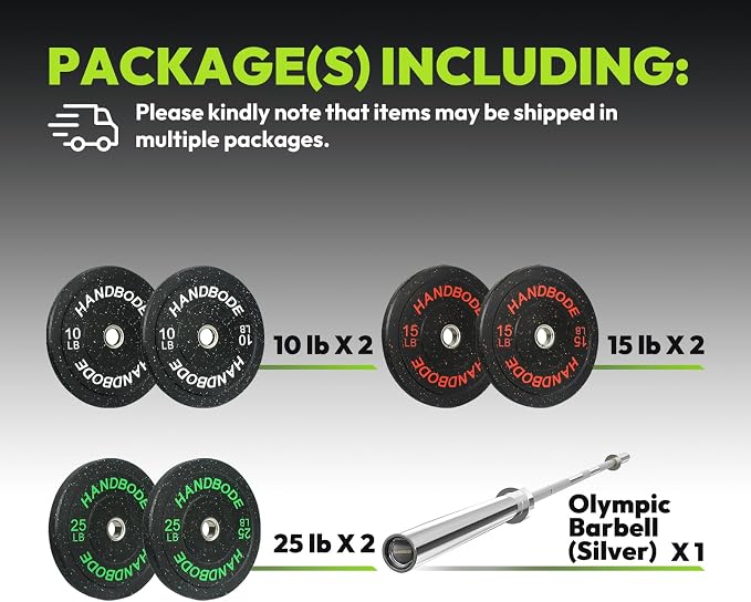 HANDBODE Olympic Barbell Set, 2-Inch Bumper Plates with Weight Plate Rack | Colored Crumb Rubber Weight Plates for Weight Lifting & Strength Training, 90–530 lb Set with 45 LB (20 kg) Olympic Barbell