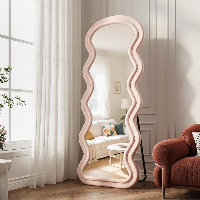 Full Length Mirror, 63"x24" Wavy Full Body Mirror Flannel | Full Body Mirror with Stand, Flannel Mirrror Bedroom and Living Room, Wall Mirror Hanging or Leaning, White