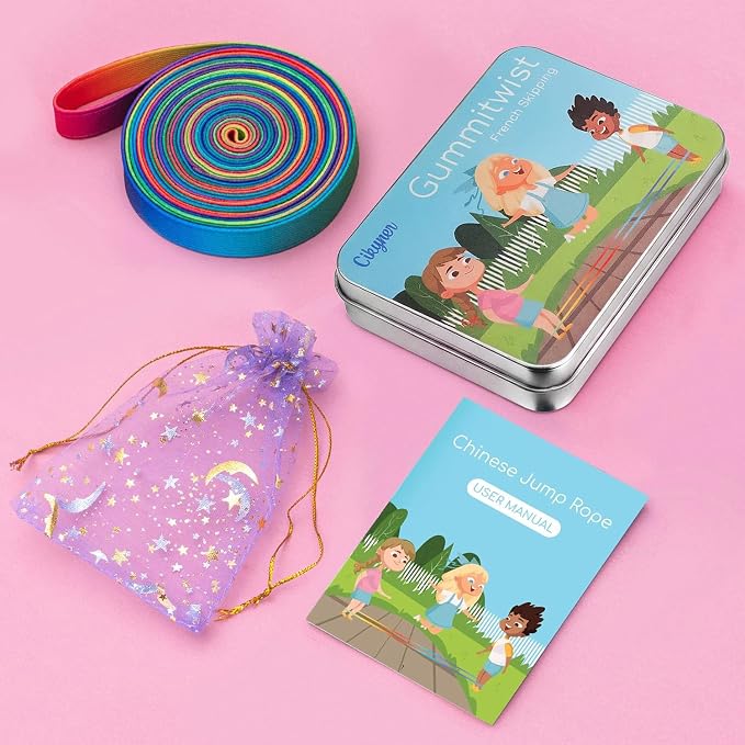 Cikyner Chinese Jump Rope, 4m Elastic French Skipping with Instructions | 1.5cm Wide Elastic Chinese Ropes Rainbow Band for Indoor and Outdoor Games, Ideal for Gifts for Children on Easter, Birthday