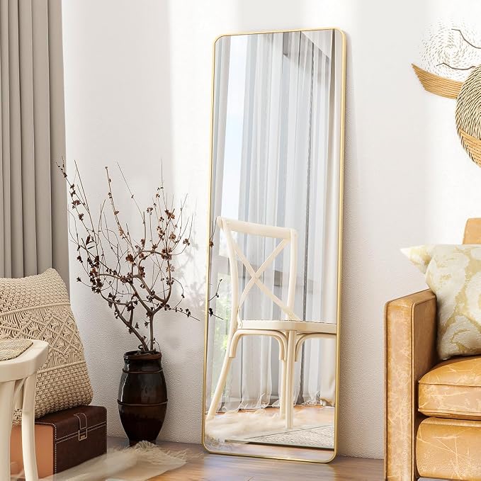 BEAUTYPEAK 59" x 16" Rounded Corner Full Length Mirror with Stand, Gold | Aluminum Alloy Frame with Standing, Leaning, or Wall-Mounted, Ideal for Bedroom, Dressing Room, Entryway, and Living Room