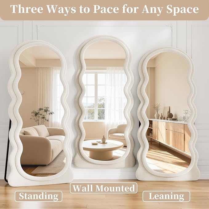 Full Length Mirror, 71"x30" Full Body Mirror with Stand | Wavy Mirror Full Length, Flannel Floor Mirrror Bedroom and Living Room, Wall Mirror Hanging or Leaning, Beige