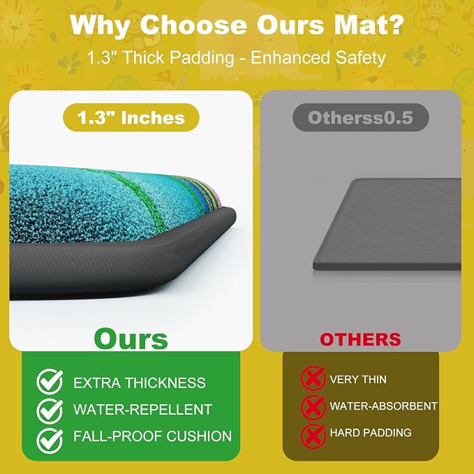 Baby Play Mat for Floor, 1.3" Thick Elasti-Foam Baby Play Mat, 71x59 Playpen Mat for Toddlers Infant kids, Water Repellent Soft Coral Velvet Crawling Mat for Floor, Non-Slip Backing Safe Jungle Safari