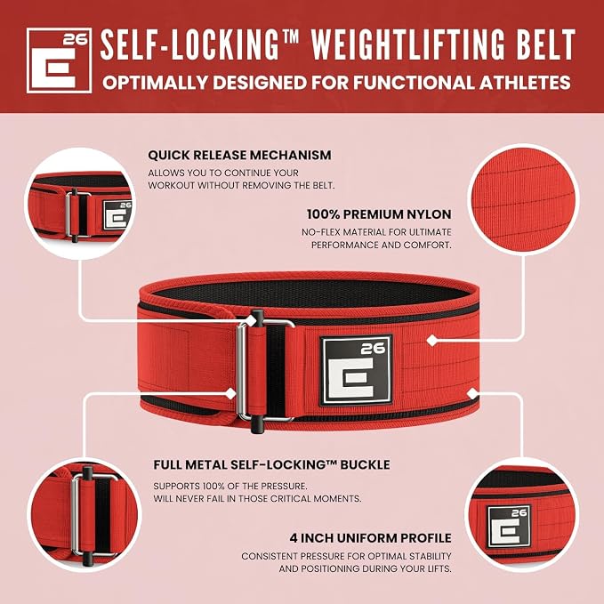 Element 26 Self-Locking Weight Lifting Belt | 4” Back Support for Gym, Powerlifting, Body Building, Cross Training, Men, Women, Deadlift, Squat, Quick Locking, Competition