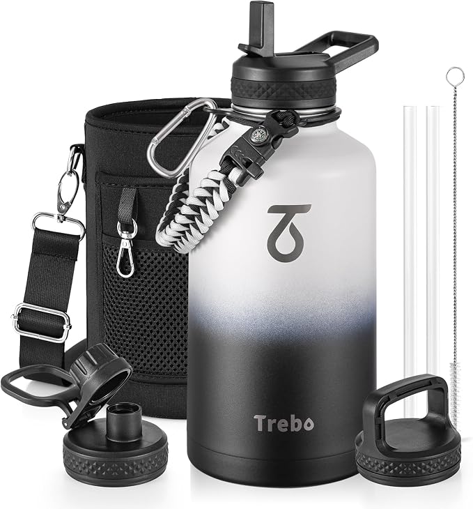 Trebo 64 oz Water Bottle Stainless Steel with 3 Lids, Paracord Handle & Bag | Half Gallon Large Insulated Jug, Triple Wall Vacuum Copper Plated, Dishwasher Safe, Cold 48Hrs for Outdoor, Hiking, Gym