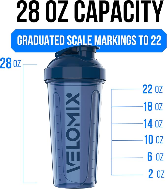 VELOMIX 2 Pack 28oz Protein Shaker Bottle for Protein Mixes, Blue/Black | 2x Wire Whisk, Leak Proof Shaker Cups for Protein Shakes, Stackable, Dishwasher safe, BPA free, Pre Workout and Fitness ready