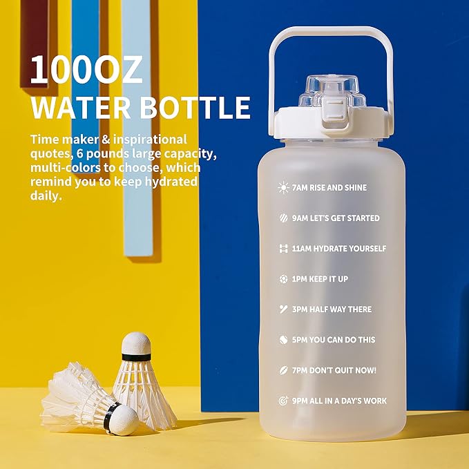 ST-YIBEN 64oz,100oz,128oz Large Motivational Water Bottle with Time Marker, Leakproof & BPA Free Half Gallon Big Water Bottle with Straw Handle Tritan Frosted Water Jug for Gym,Fitness,Outdoor Sports