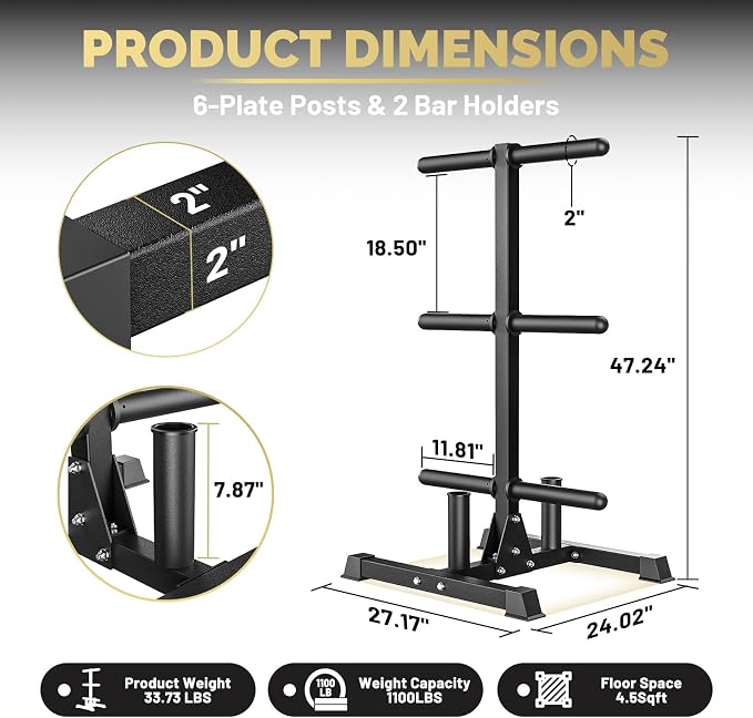 1100lb Capacity Weight Plate Tree Rack with Barbell Holder for Home Gym | AMGYM Strength Training Plate Storage Stand and Barbell Holders, 1100 lb Weight Capacity, Fits Both 1" and 2" Bumper Plates
