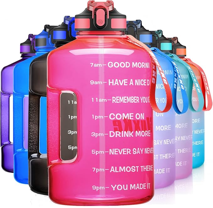 SLUXKE 1 Gallon Motivational Sports Water Bottle with Time Marker, BPA Free 128oz Leak Proof Jug, Black, Plastic, 128 ounces, Fitness, Sports, Outdoor Activities