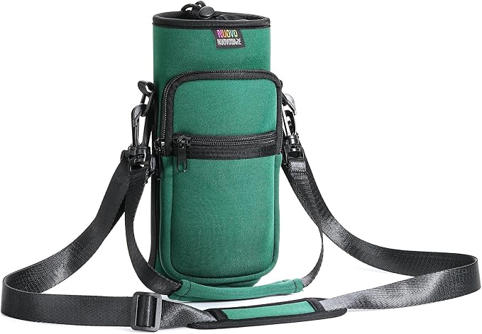 Nuovoware Water Bottle Carrier Bag, 40oz Bottle Pouch Holder, Adjustable Shoulder Hand Strap 2 Pocket Sling Neoprene Sleeve Sports Accessories for Hiking Travelling, Dark Green