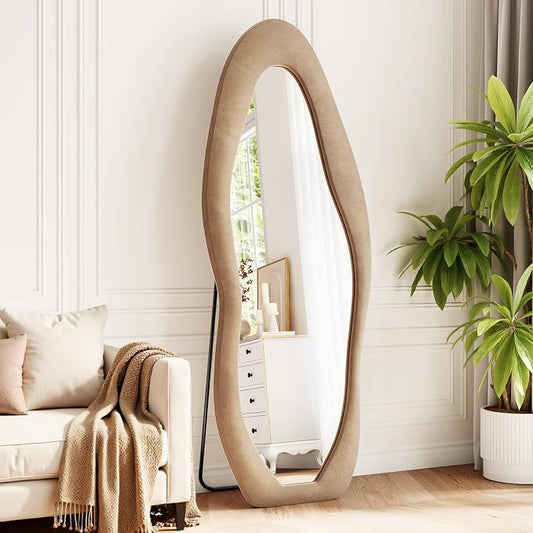 Irregular Full Length Mirror Flannel 63"x24" Full Body Mirror | Velvet Floor Mirrors with Stand, Irregular Wavy Mirror Hanging or Leaning Against Wall for Bedroom Living Room, Brown