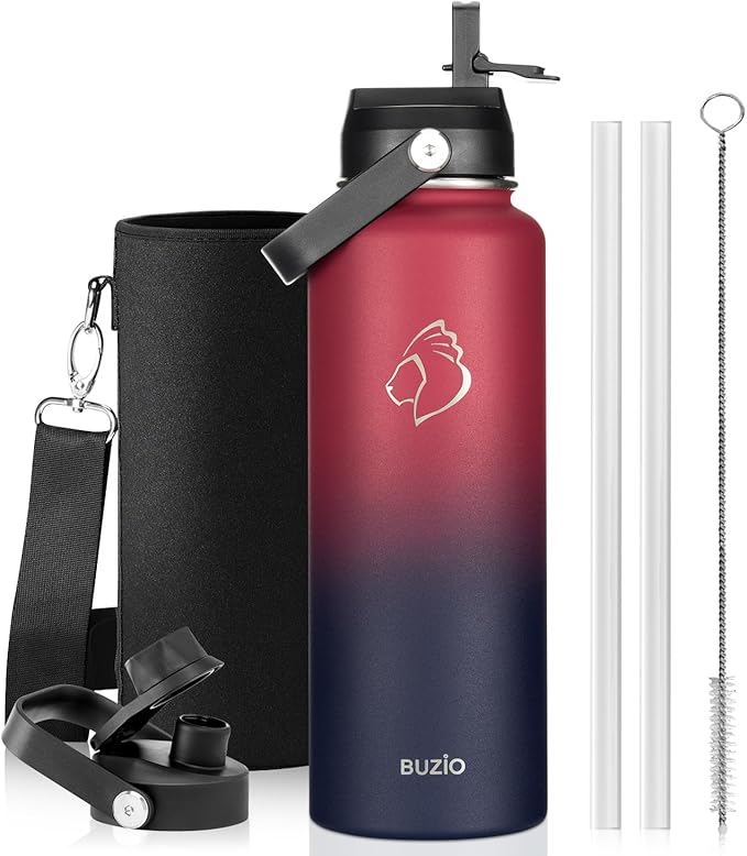 BUZIO Triple Wall Vacuum Water Bottle with Dust-proof Straw & Spout Lids | 40 oz Insulated Stainless Steel Water Flask (Cold for 48 Hrs/Hot for 24 Hrs), Dishwasher Safe, Leakproof, Non-BPA, for Hiking