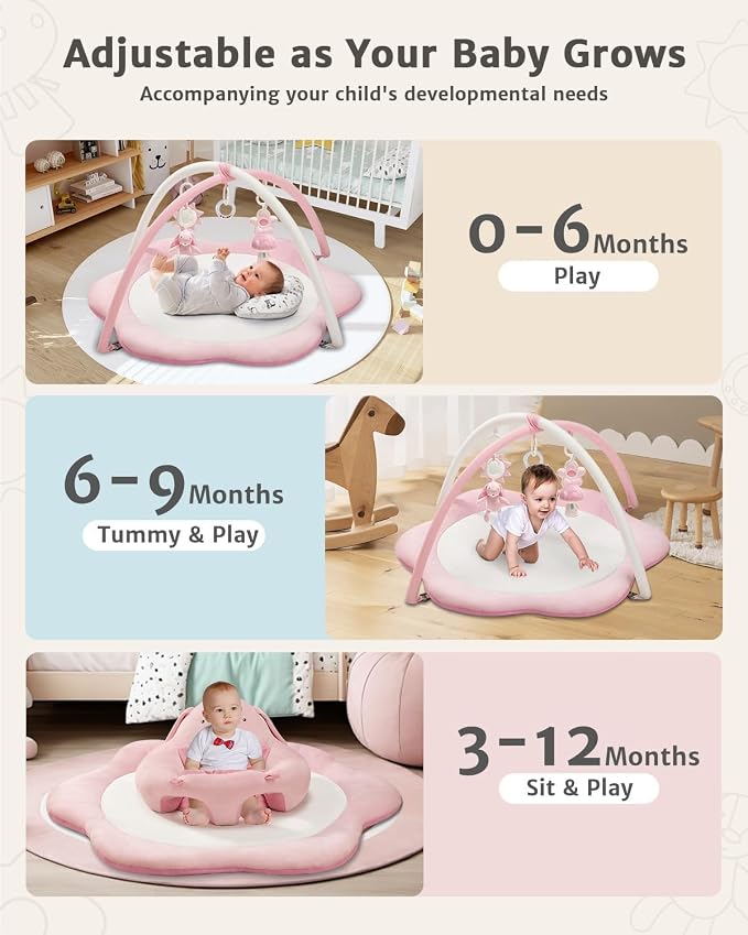 suihuooo 3-in-1 Baby Play Mat, Baby Seats for Infants for Sitting Up, Tummy Time Mat with 5 Detachable Toys, Activity Gym & Playmats for Babies 0-6 6-12 Months, Newborn Babies Shower Gifts