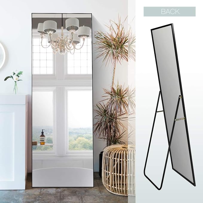 Vlush Full Length Dressing Mirror Floor Mirror with Standing Holder - Standing Hanging or Leaning Against Wall Mirror for Living Room/Bedroom/Cloakroom (65”X 22”, Black)