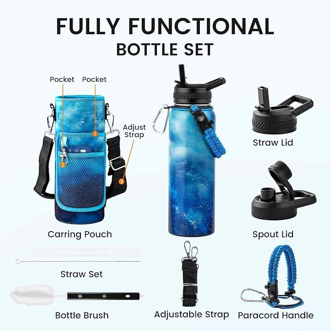 RAYMYLO Insulated Water Bottle 40 oz, Triple Wall Vacuum Stainless Steel | (Cold for 36Hrs, Hot for 18Hrs), Leak Proof & Non-BPA, Modern Water Flask Jug with Paracord Handle & Straw Spout Lids