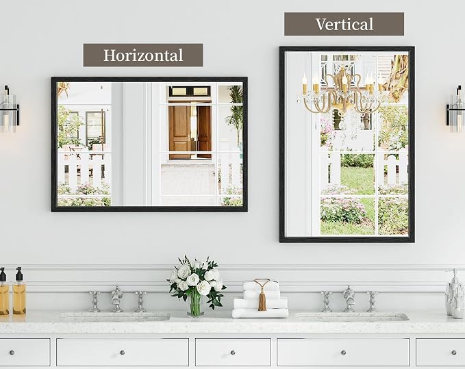 Syndra Black Wood Frame Bathroom Mirror, 24''x36'' Modern Vanity Mirror for Wall, Waterproof Slim Deep Frame, Rectangular HD Tempered Glass Mirror for Living Room, Bedroom, Entryway, Rustic, Farmhouse