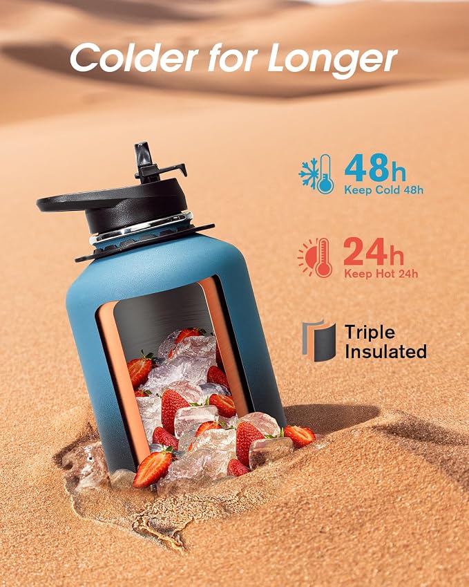 Coolflask Half Gallon Water Bottle Insulated Stainless Steel with Strap | 64 oz Large Water Jug with Straw & Spout Lids,Triple-Wall, Cold 48+h,Dishwasher Safe, Leakproof, BPA-Free,for Gym & Hiking