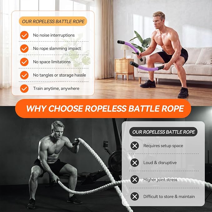 Cordless Ropeless Battle Ropes for Home Gym, 3 Adjustable Resistance, Heavy Duty Strength Training Equipment for HIIT, Full Body Workout, Men & Women, Purple