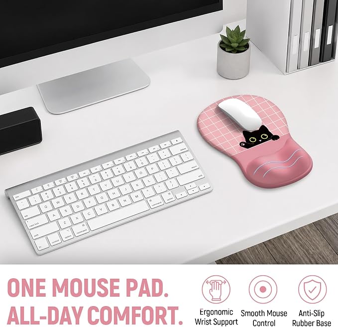 Ergonomic Mouse Pad with Wrist Rest, Gel Wrist Support, Pink Cat | 10.2 x 7.6 in Mouse Pad with Smooth Fabric Surface and Non-Slip Rubber Base for Office, Home, Study, and Gaming