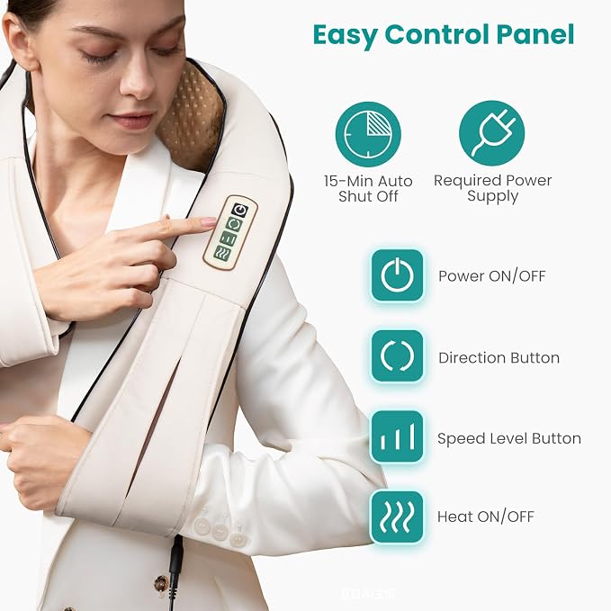 Nekteck Shiatsu Neck Massager with Heat for Pain Relief, NOT Cordless | 2026 Upgraded 3D Back Shoulder Kneading Massage Pillow, 3 Intensity Speeds Deep Tissue, Relaxation Gifts for Men Women, Beige