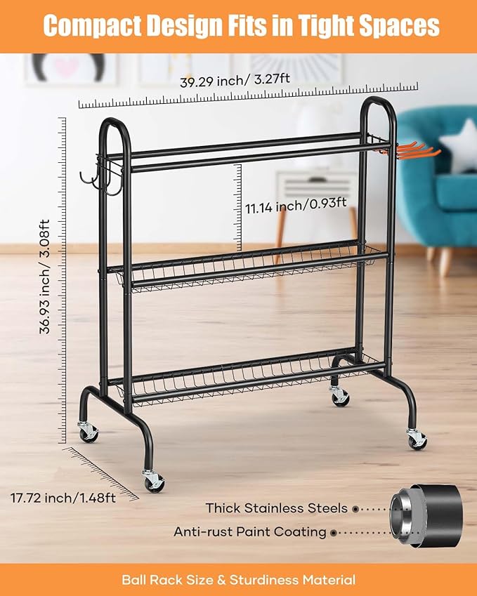 EXTCCT Basketball Rack, Rolling Basketball Shooting Training Stand,Sports Equipment Storage with Wheels, Four-Layer Organizer Holder with Two Basket for Basketballs Footballs Volleyball