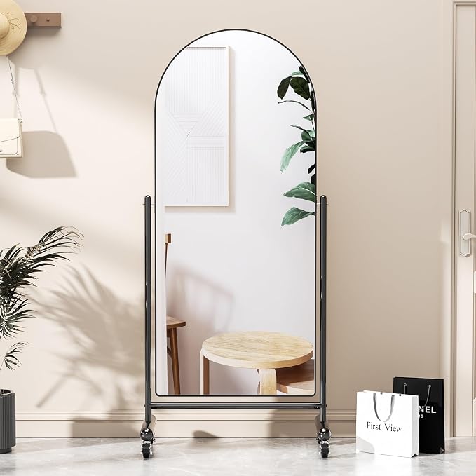 Large Arched Full Length Mirror on Wheels, Rolling Tilting Swivel Floor Mirror 65" x 23.6" with Tempered Glass and Metal Frame, Modern Dressing Mirror Body Mirror, Home Decor, Black