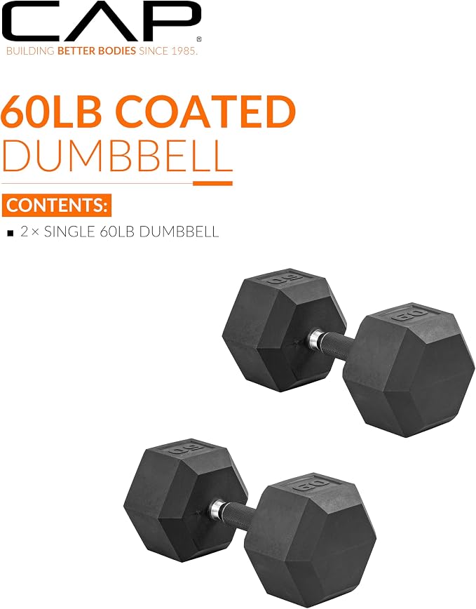 CAP Rubber Coated Dumbbell Weights, Free Weights for Home Gym Strength Training, Anti-Roll Hex Dumbbells with Black, Chrome & Comfort Grip Handles, Pairs & Sets