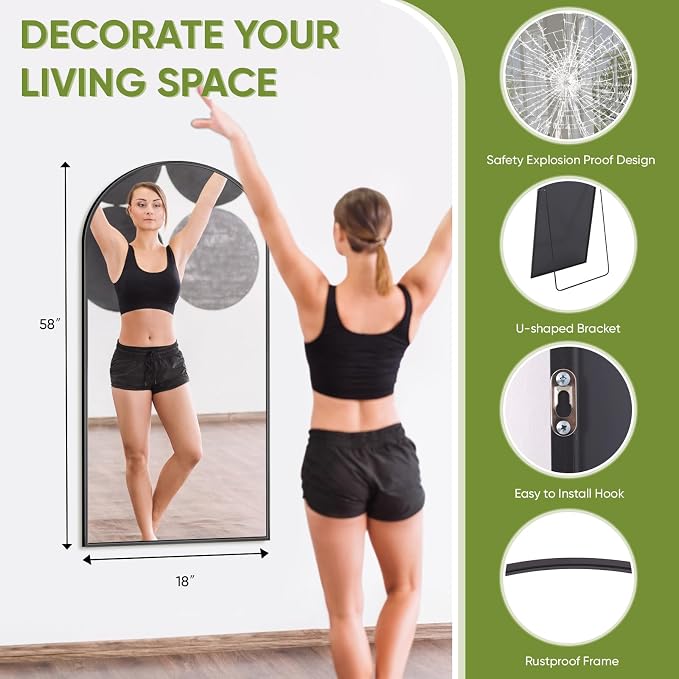 Full Length Mirror 58" L x 18" Full Body Standing Mirror for Bedroom, Living Room, Gym, Dorm - Shatter-Resistant & Easy Assembly, Arched Style Black