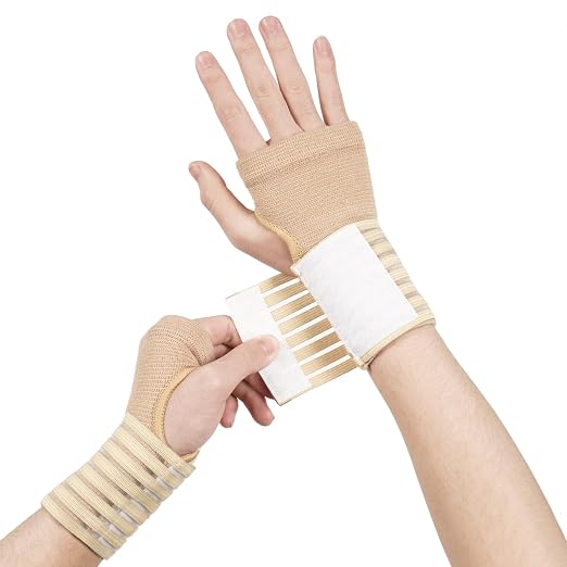 AOOWU Wrist Brace, 2 Pack Elastic Wrist Support with Strap, Wrist Compression Wrap Adjustable Wrist Strap Relieves Wrist Pain, Tendonitis, Sports Use for Men and Women, Right & Lef(cream color)
