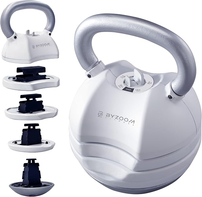 BYZOOM FITNESS Pure Series Adjustable Kettlebell 30/40/50LB - 5-IN-1 Weight Change, Patented Quick-Change Machenism, Ergonomic Curved Handle for Home Gym, Strength Training, HIIT, White OR Black